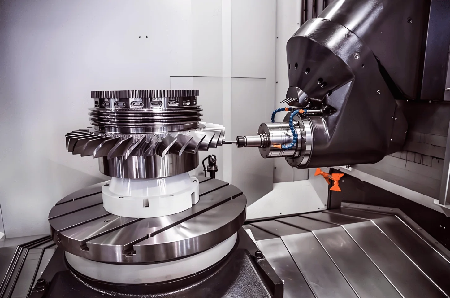 5-axis CNC machining center manufacturing a complex multi-sided metal part