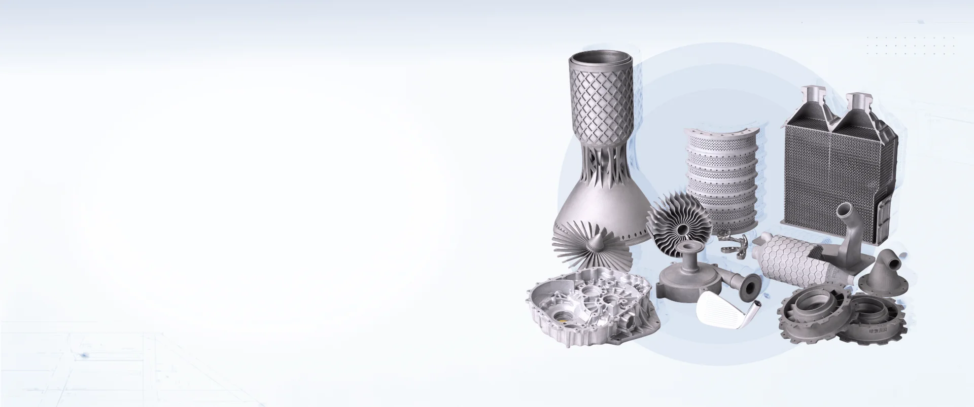 Metal 3D printed parts displayed for a lower-price promotion.