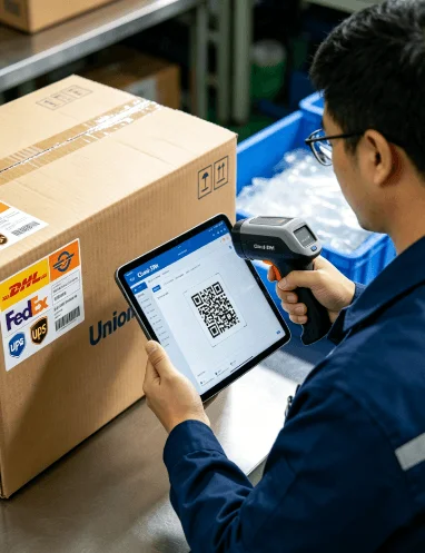Worker scanning a shipping box labeled with DHL, FedEx, and UPS logos for global fulfillment.