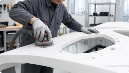 Large-scale 3D printed part being sanded